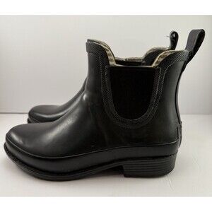 LL Bean Wellie Womens 7 Rain Chelsea Boots Pull On Black Ankle Rubber Shoes